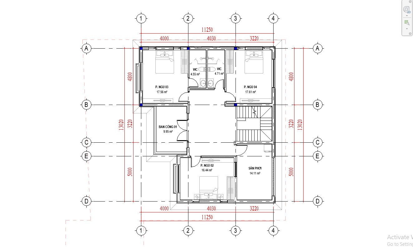 Mặt bằng bố trí công năng tầng 2 mẫu biệt thự 2 tầng diện tích 11,2 x 13,2m